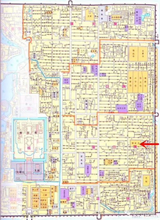 图 乾隆五十年（1750年）北京内城东部（图片来源于《北京市东城区志》），箭头所指地方为禄米仓